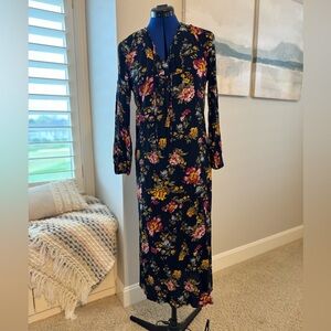 Natural Life Maxi Dress Floral Boho Small Black Floral Long Sleeve Side Slits S